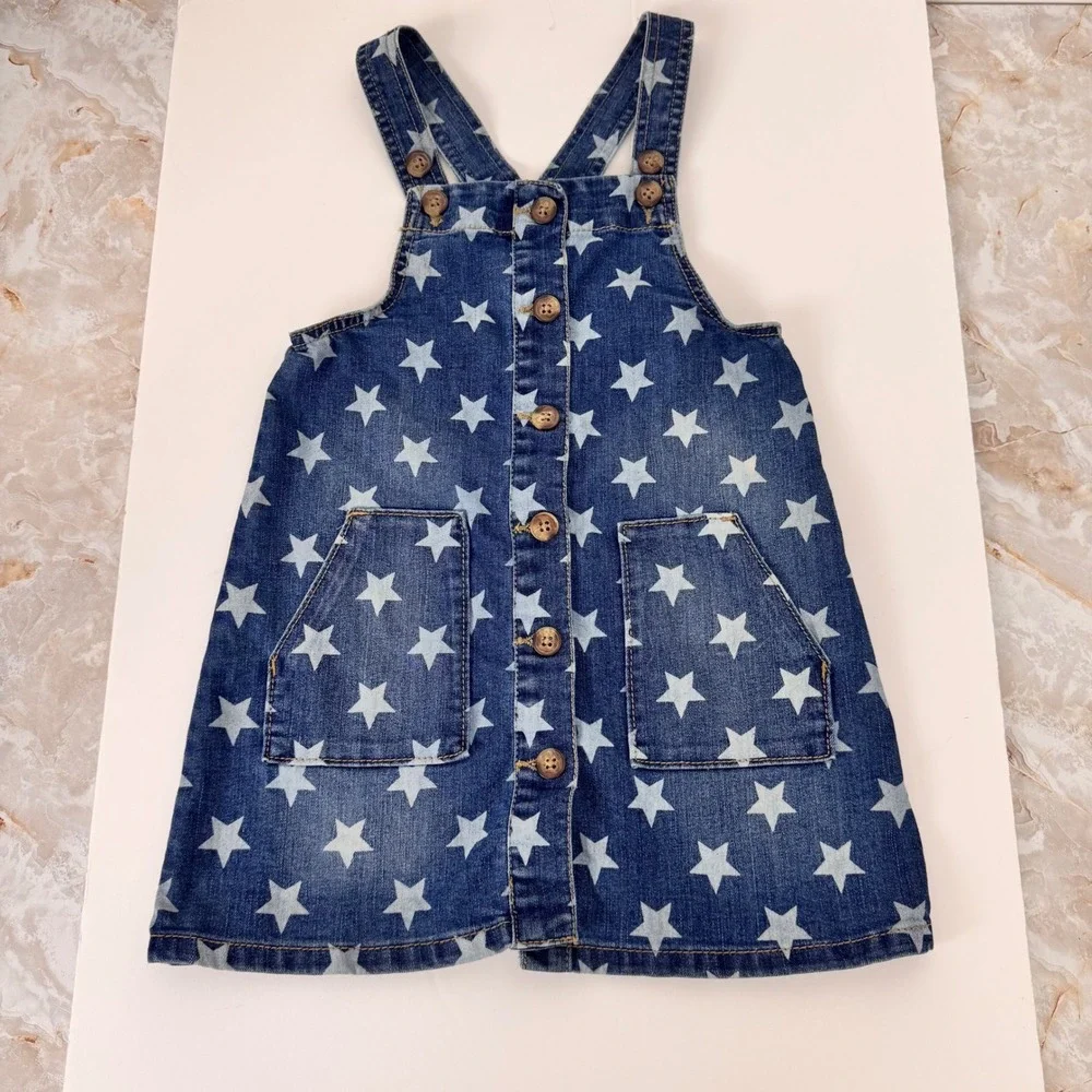 Wonder Nation Denim Jumper Girls 5T Blue White Star Print Button Front Dress